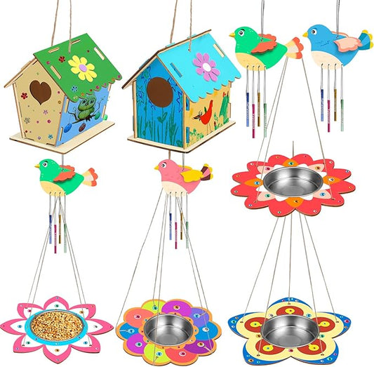 Fennoral 12 Pack Bird House Craft Kit for Kids Make You Own Bird Wind Chime Kit DIY Build and Paint Wooden Birdhouses Bird Feeder Art and Craft for Spring Yard Garden Outdoor Decoration-PurrikoPets