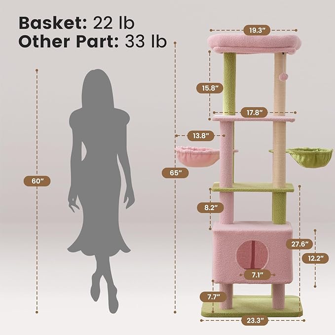 Gardner Pet 65in Heavy Duty Cat Tree Tower for Large Cats, Multi-Level Cat Furniture with Replaceable Sisal Scratching Post, Hammock | Extra-Large Platform & Condo (Pink&Green, Basic φ:2.84")-PurrikoPets