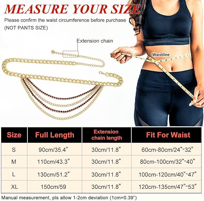 Suyi Multilayer Chain Belt Rhinestone Metal Chain Belts for Women Punk Gold Waist Chain
