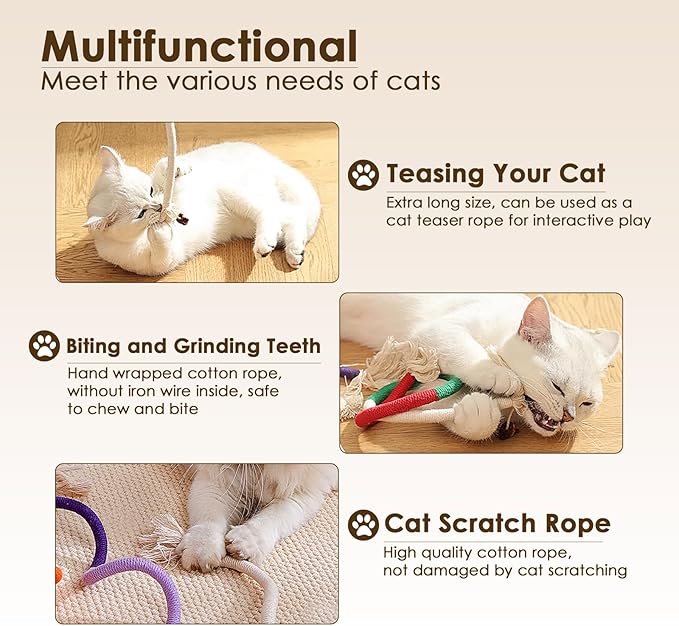 3 PCS Cotton Rope Cat Toys for Indoor Cats, Interactive Cat Rope Toys with Silvervine Fruit for Cats and Kittens, Handmade Pet Chew Toys for Teeth Cleaning-PurrikoPets