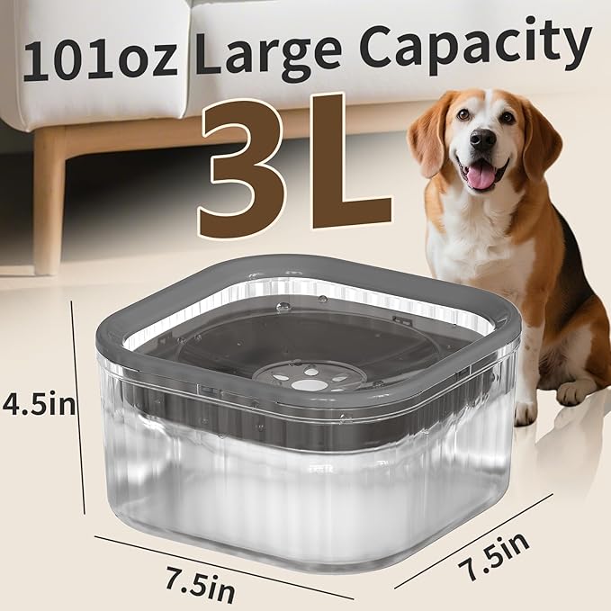 3L Dog Water Bowl No Spill 101oz Large Capacity Spill Proof Slow Drinking Water Feeder No Splash Pet Water Bowl Vehicle Carried Travel Dog Bowl for Sloppy Messy Drinkers Cats(Dark Gray)-PurrikoPets