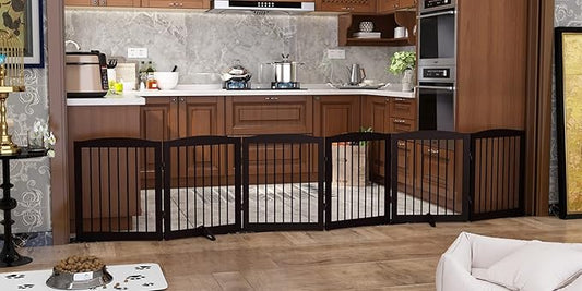 Freestanding Pet Gate for Dogs, Foldable Wooden Dog Gate for House, Extra Wide Indoor Pet Barrier for Stair, Doorway, Hall, Support Feet Included, 120 Inch Wide, 6 Panels 24", Brown-PurrikoPets