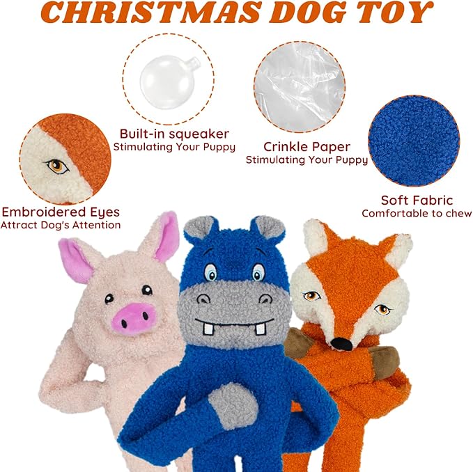 3 Pack No Stuffing Crinkle Squeaky Interactive Plush Dog Toys for Aggressive Chewers to Keep Puppy Busy for Boredom Small & Medium Breeds Furry Friend Teething Orange Fox Pink Pig Blue Hippo-PurrikoPets