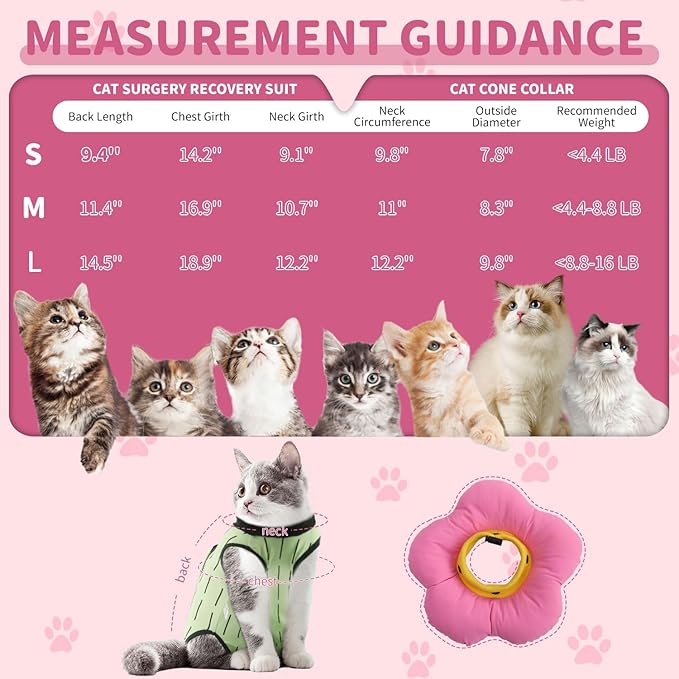 EMUST Cute Cat Recovery Suit and Adjustable Flower Cone Collar Set - Soft Surgical Suit for Abdominal Wounds, Cat Cones After Surgery for Female Kittens Under 4lb (Green)-PurrikoPets