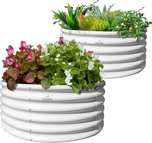 A ANLEOLIFE 2-Pack 4ft x 18” Tall Galvanized Raised Garden Beds Outdoor, Round Metal Planter Box for Planting Vegetables Flowers Herb, Anti-Rust & Easy-Setup, Antique White-PurrikoPets