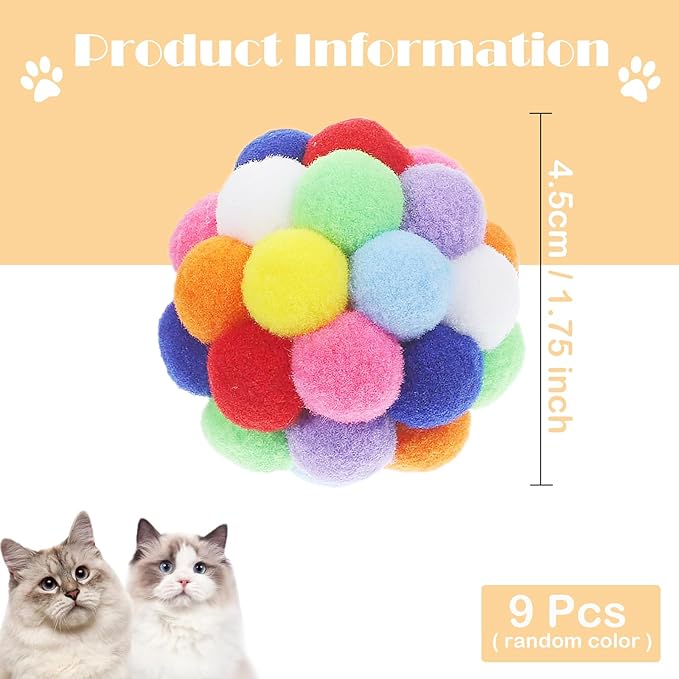 9PCS Cat Toy Balls, 1,75'' Soft Pom Pom Balls for Kittens, Colorful Soft Fuzzy Balls for Cats, Interactive Playing Chewing Toys for Indoor Cats and Kittens, Cute Kitten Kitty Toys-PurrikoPets