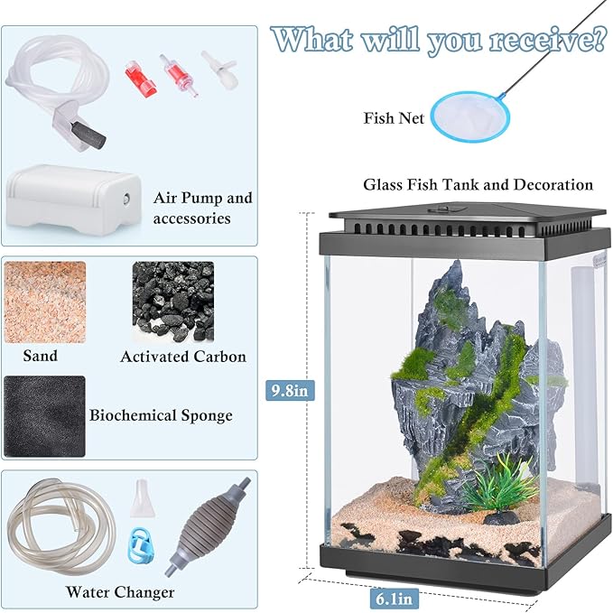 FEDOUR Small Glass Aquarium, 1 Gallon Desktop Fish Tank, Betta Fish Tank, Mini Aquarium Starter Kit with Air Pump LED Light Decoration Water Changer Fish Net (Black)-PurrikoPets
