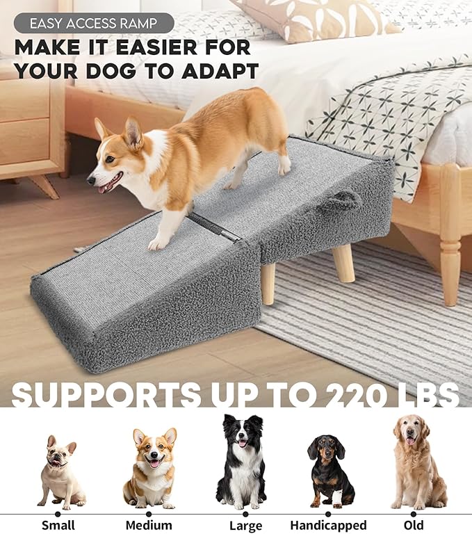 Dog Stairs for Small Dogs and Cats – 2-in-1 Dog Ramp for Bed and Couch, 16.5'' Foldable Wooden Pet Steps, Sturdy Multi-Use Split Ottoman Design, Dark Grey-PurrikoPets