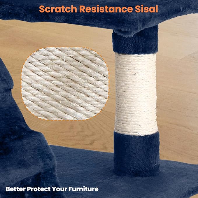 54.7 inches Cat Tower - Multi-Level Cat Condo with Scratching Posts, Hanging Toys, Navy Blue-PurrikoPets