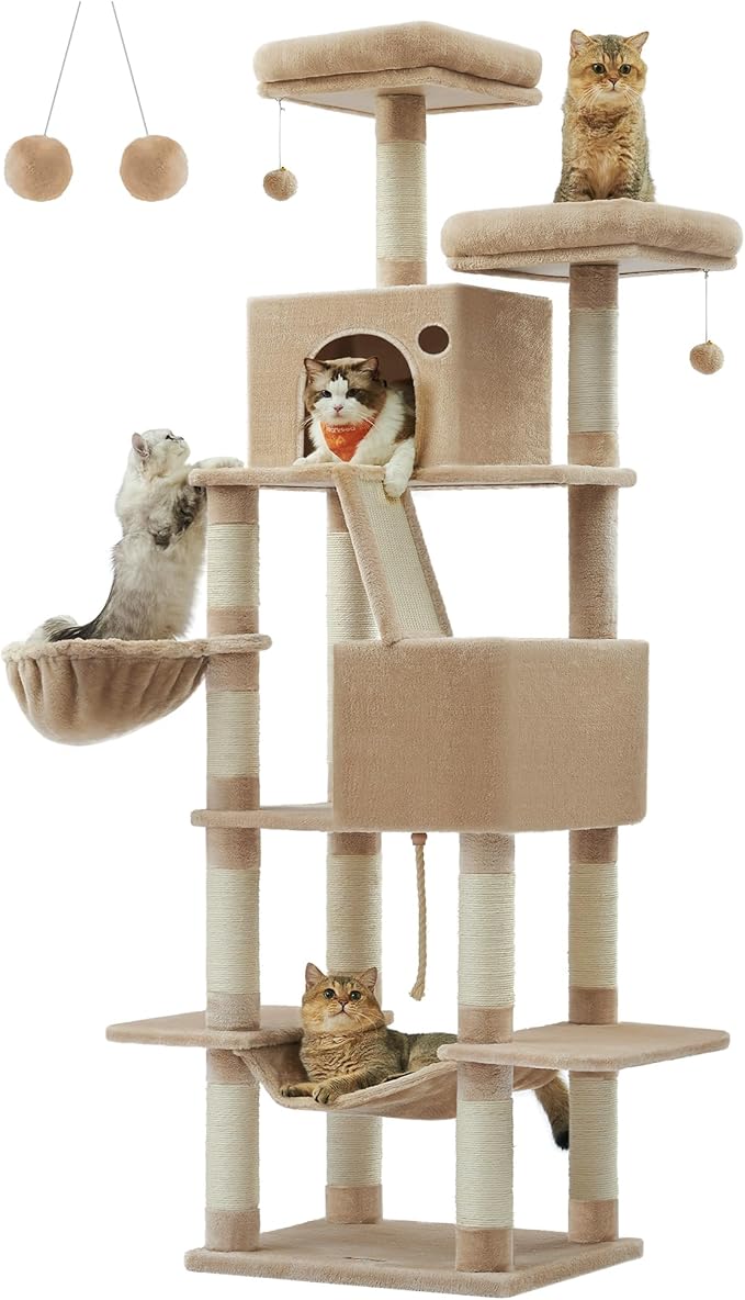 Feandrea Cat Tree, 81.1-Inch Large Cat Tower with 13 Scratching Posts, 2 Perches, 2 Caves, Basket, Hammock, Pompoms, Multi-Level Plush Cat Condo for Indoor Cats, Camel Brown UPCT190K01-PurrikoPets