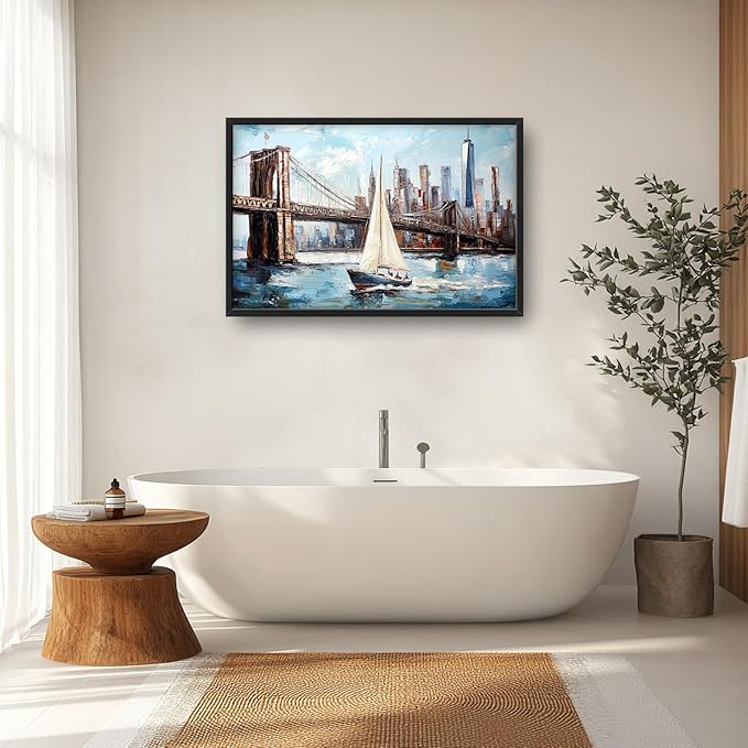 Extra Large Sailboat Framed Wall Art for Living Room,Oversized New York Brooklyn Bridge Pictures Wall Decor,Cityscape Canvas Print Painting Modern Artwork Bedroom Office Bathroom 36L" x 24W"-PurrikoPets