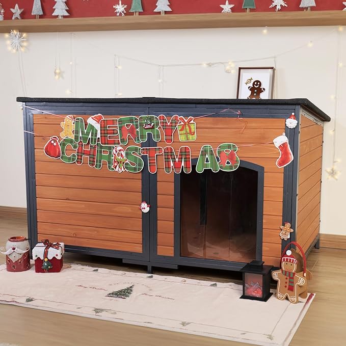 Extra Large Dog House Outdoor Weatherproof 59.1" Outside Wooden Dog Kennel, Chewproof Strong Iron Frame Window-PurrikoPets