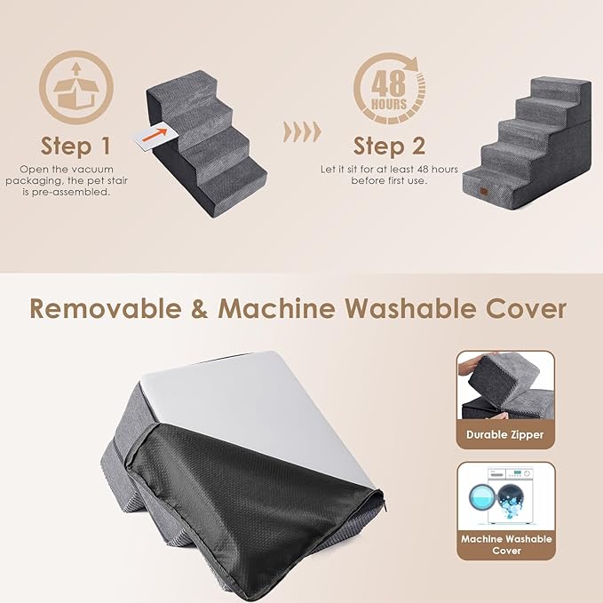 EHEYCIGA Dog Stairs for High Bed 22.5" H, 5-Step Dog Steps for Bed, Pet Steps for Small Dogs and Cats, Non-Slip Balanced Pet Ramp Indoor, Grey-PurrikoPets