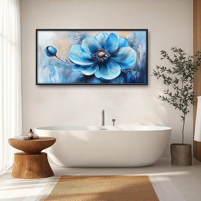 Extra Large Abstract Blue Flower Framed Wall Art for Living Room,Oversized Elegant Floral Pictures Wall Decor,Canvas Print Painting Modern Artwork Bedroom Office Bathroom 60L" x 30W"-PurrikoPets