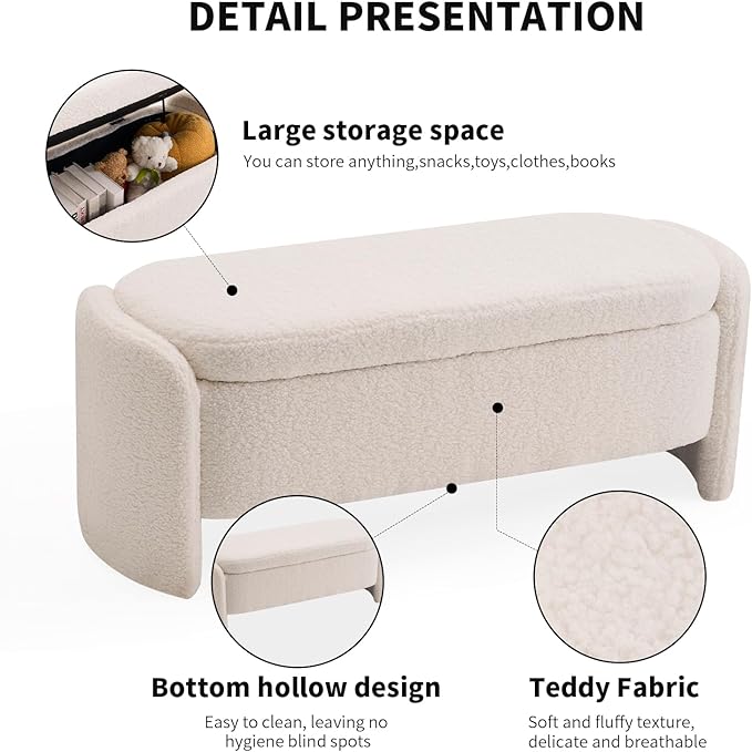 47.6 Inch Lamb Fleece Oval Storage Bench Upholstered Ottoman Bench with Storage, Bedroom Bench with Large Storage Space, for Bedroom Living Room Entryway, Beige-PurrikoPets