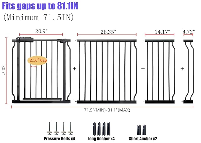 Extra Wide 76.4-81 Inch Large Baby Gates for Stairs, Doorways - No Drilling, Pressure Mounted Pet Gates for Kids & Dogs-PurrikoPets