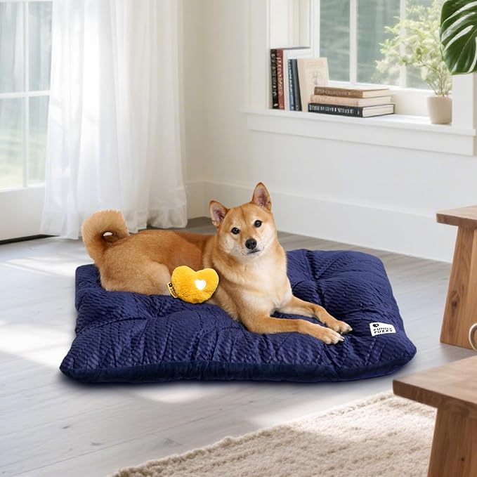 FUNNY FUZZY 2 in 1 Dog Bed Crate Pad Mat, Washable Reversible Pet Floor Mats,Fluffy Kennel Pad for Small Large Sized Dog,Indoor Cats,Sleeping Mattress,35.4" × 22.8", Midnight Blue-PurrikoPets