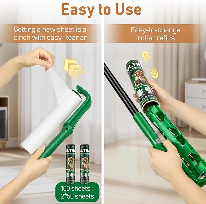10" Large Lint Roller for Pet Hair Extra Sticky, Long Handle Floor Sticky Rollers with Big Lint Roller Refills for Cleaning Carpets, Cars, Furniture,Clothing, and Pet Hair,Green-PurrikoPets