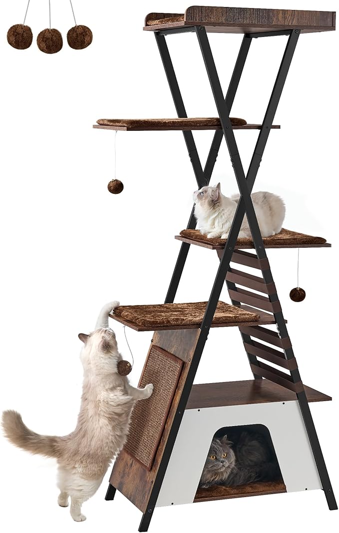 FourFurPets 72.4" Modern Cat Tower for Indoor Cats - Multi-Level Condo With Caves, Tall Tree With Scratching Board, Wooden Tower With Large Perch, Removable Pads, Rustic Brown-PurrikoPets