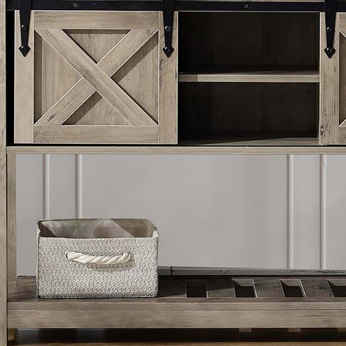 Entryway Table with Storage, Farmhouse Buffet Cabinet Coffee Bar Kitchen Island with Sliding Barn Doors & Shelves, Console Table for Kitchen, Dining Room, Living Room, Grey-PurrikoPets