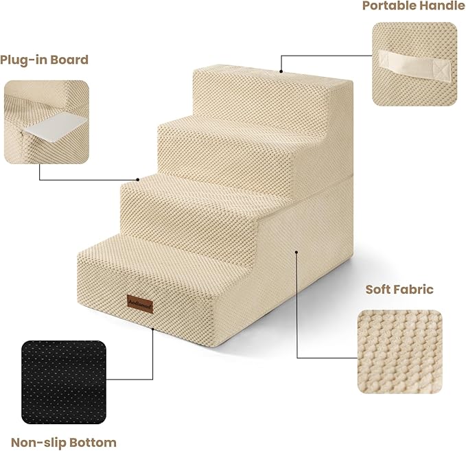 Dog Stairs for Bed 18.5" H, 4-Step Dog Steps for Small Dogs and Cats, Indoor Non-Slip Balanced Pet Stairs are Suitable for Puppy, Older Cat,Beige-PurrikoPets