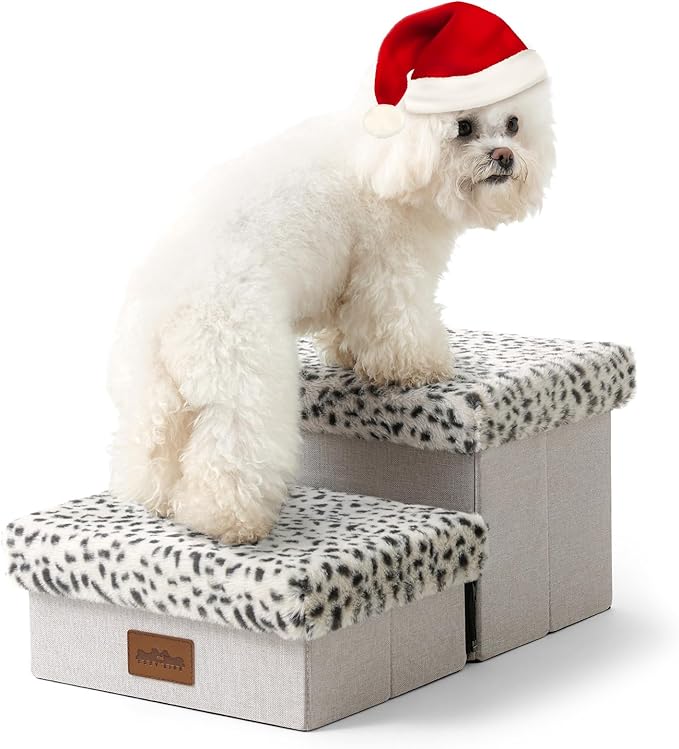Dog Stair for Small Dogs with Storage, Foldable Pet Stairs for Medium or Puppy Dogs and Older Cats, Dog Steps for Bed or Couch with Soft Cover, 19.7x13x9.6 inch, 2 Tiers, Leopard-PurrikoPets