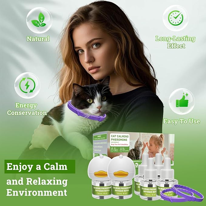 2 Diffusers& 6 Refills +2pcs Calming Collar Cat Calming Diffuser, Plug in Diffuser Cat Pheromone Calming Diffuser Starter Kit Helps Ruduce Anxious, Anti-Stress & Comforts Cats-PurrikoPets
