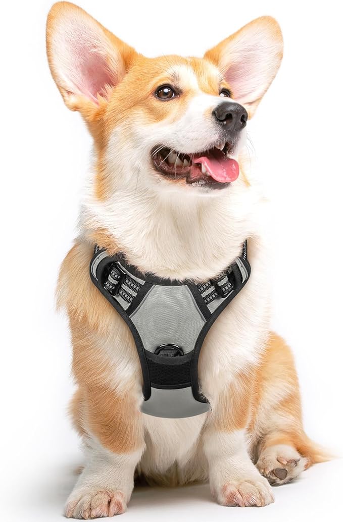 Eagloo Dog Harness Medium Sized Dog, No Pull Service Vest with Reflective Strips and Control Handle, Adjustable and Comfortable for Easy Walking, No Choke Pet Harness with 2 Metal Rings, Grey, M-PurrikoPets