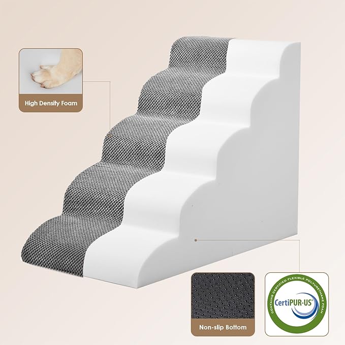 EHEYCIGA Curved Dog Stairs Ramp for High Beds 22.6" H, 5-Step Dog Steps for Small Dogs and Cats, Pet Stairs for High Bed Climbing, Non-Slip Balanced Pet Step Indoor, Grey-PurrikoPets