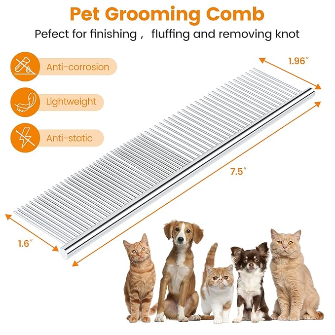 2Pcs Stainless Steel Dog Comb, Round Tooth Cat Comb with 2 Tooth Widths, Metal Combs for Removing Knots and Tangles, Grooming Tool for Long and Short Hair Pets, 7.5 IN Silver-PurrikoPets