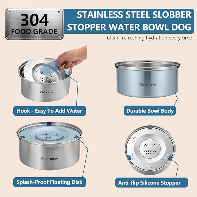 Dog Water Bowl No Spill,3L/101oz Large Spill Proof Water Bowl for Dogs, Stainless Steel Slobber Stopper Slow Drinking Dog Bowl Anti Splash Pet Water Dispenser for Messy Drinkers-PurrikoPets