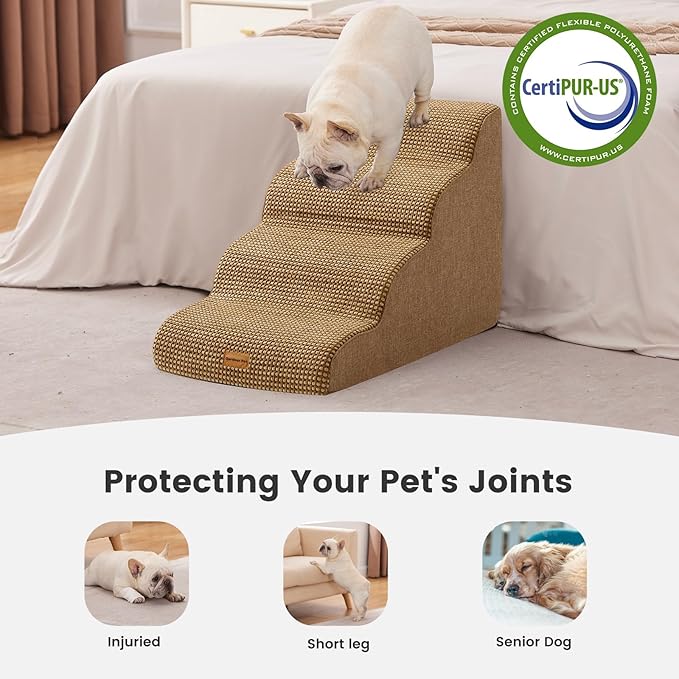 Gardner Pet Dog Stairs for Small Dogs 19.7" H, 4-Step Brown Curved Pet Stairs, Dog Steps for High Bed (18-24 in), Couch with Durable Non-Slip Waterproof Fabric Cover and CertiPUR-US Certified Foam-PurrikoPets