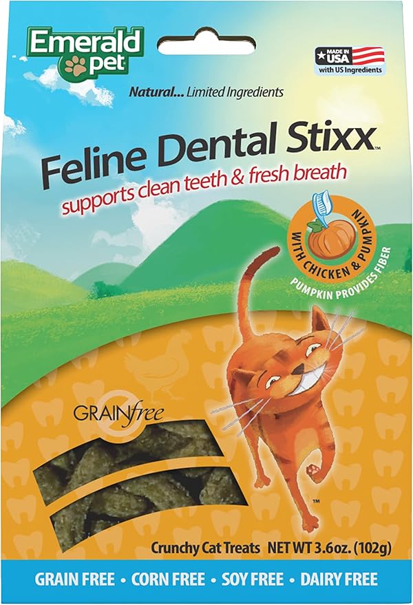 Emerald Pet Feline Dental Stixx — Tasty and Crunchy Cat Dental Sticks with Pumpkin for Digestive Health — Natural Grain Free Dental Treats for Clean Cat Teeth and Fresh Breath — Chicken Stixx, 3.6 oz-PurrikoPets