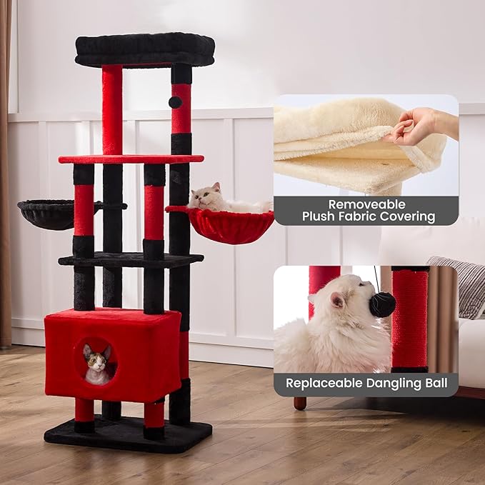 Gardner Pet 65in Heavy Duty Cat Tree Tower for Large Cats, Multi-Level Cat Furniture with Replaceable Sisal Scratching Post, Hammock | Extra-Large Platform & Condo (Black Red, Basic φ:2.84")-PurrikoPets