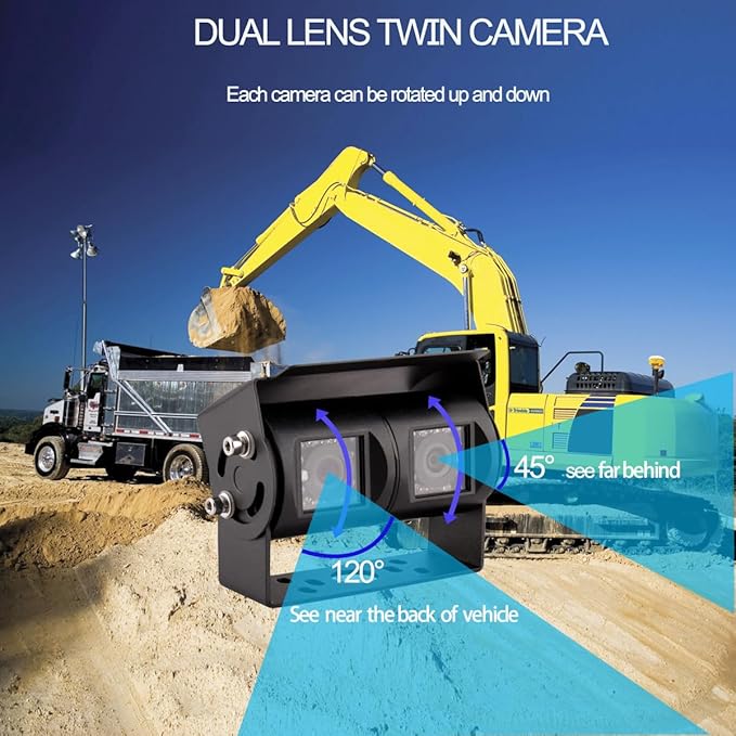 AHD 1080P 7" Reverse Rear View Backup Dual Twin Lens Camera System, Point Each Lens in a Different Direction, IR, Waterproof, 10G Vibration-Proof for Tractor/Truck/Camper/Caravan/Skid Steer/Harvester-PurrikoPets
