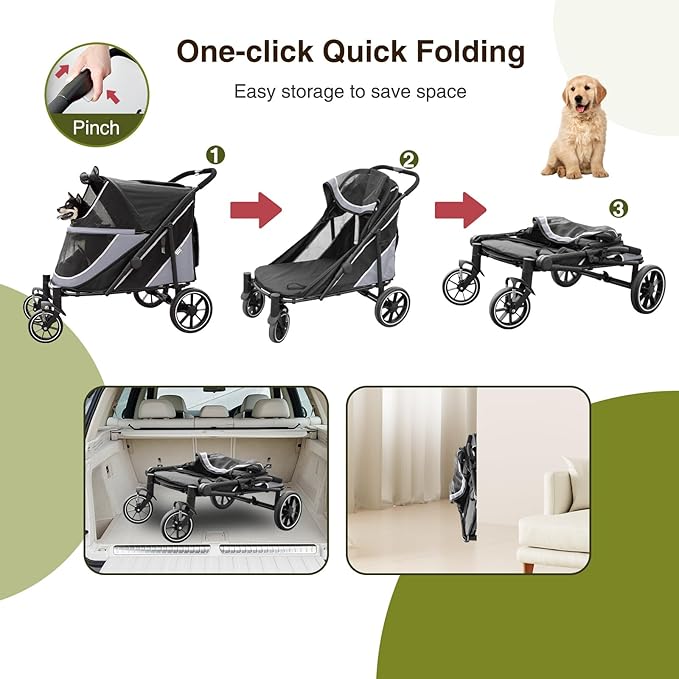 Dog Stroller for Medium/Large Dogs One-Click Folding, Extra Large Pet Stroller for 2 Dogs with Storage Pocket & Shock Absorption, Up to 130 lbs, Grey-PurrikoPets