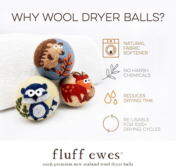 Fluff Ewes Wool Dryer Balls 3 Pack Premium New Zealand Wool Laundry Balls for Dryer, No Static Dryer Balls Laundry Reusable, XL Hedgehog Dryer Balls, Baby Dryer Balls for Dryers - Hedgehog and Homies-PurrikoPets