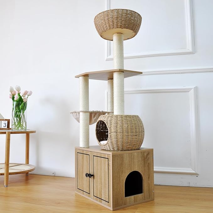 56.7" Tall Rattan Cat Tree for Indoor Cats, Multi-Level Wooden Cat Tower with Scratching Posts, Large Cat Climbing Furniture with Perches-PurrikoPets