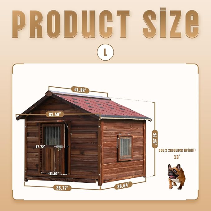 Extra Large Dog House Outdoor Made of Solid Pine Wood, Warm Doghouse, Dog House with Elevated Floor for Medium Dogs, (Wood, L)-PurrikoPets
