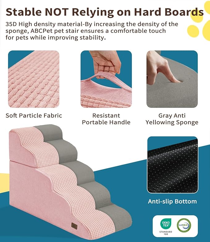 Dog Step for Bed, Dog Stair 5-Step 35D Pet Stair 22.8" H for High Bed or Sofa Non-Slip Balanced Pet Step Indoor, Pink-PurrikoPets