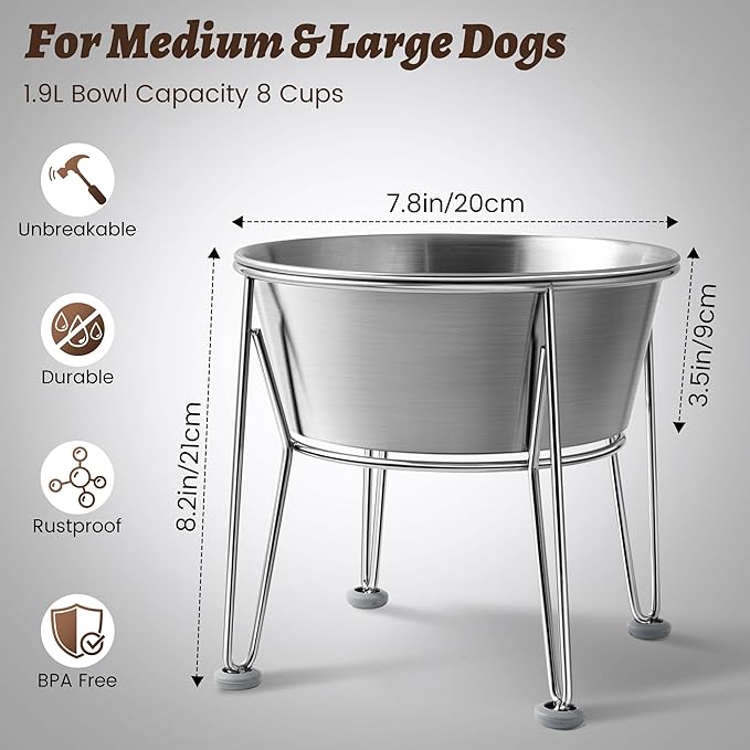 Elevated Dog Bowls for Large & Medium Dogs - Stainless Steel 64oz/8 Cup Raised Feeder with Non-Slip Base, Dual Food & Water Bowls 2-Pack-PurrikoPets