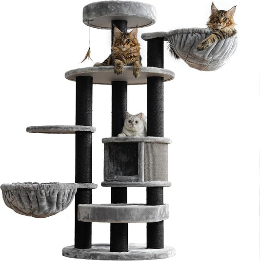Extra Large Cat Tree for Maine Coon,65 Inches Tall Cat Tree Tower for Indoor Cats Large Adult 20 lbs,XXL Heavy Duty Luxury Sturdy Cat House with Big Hammock,Sisal Scratching Post,Condo-PurrikoPets