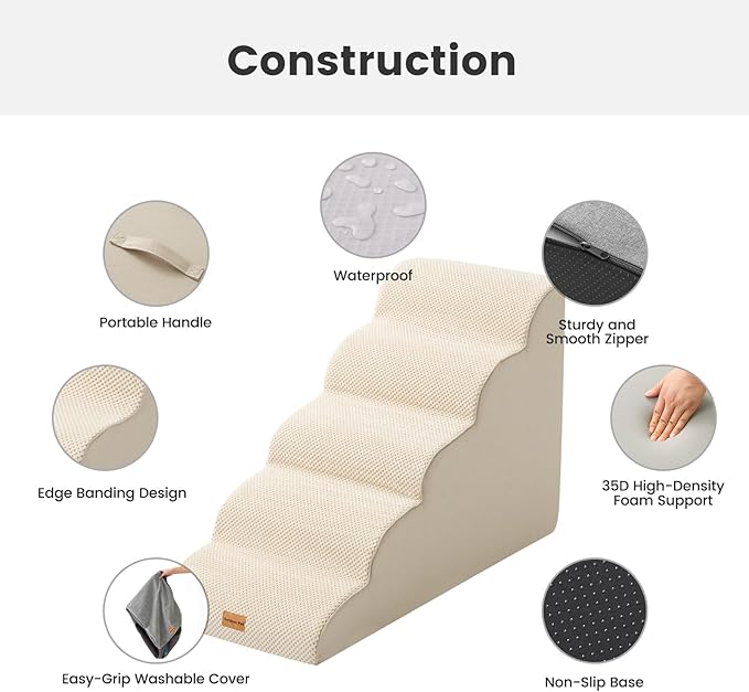 Gardner Pet Dog Stairs for Small Dogs 22.8" H, 5-Step Beige Curved Pet Stairs, Dog Steps for High Bed, Couch (24-30 in) with Durable Non-Slip Waterproof Fabric Cover and CertiPUR-US Certified Foam-PurrikoPets