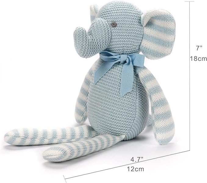 100% Organic Cotton Baby Elephant Stuffed Animal 7.1" | Blue Soft Toy for Newborn-PurrikoPets