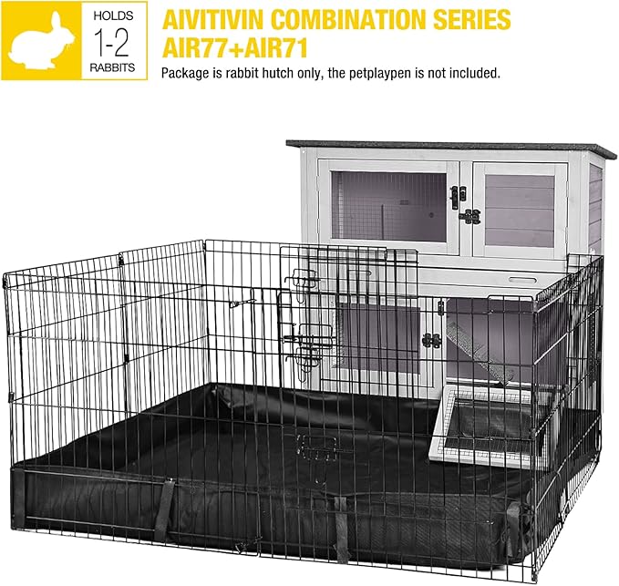 Aivituvin 2-Tier Rabbit Hutch with Tarp Door and Wheels Bunny Cage Indoor Outdoor Guinea Pig Cage Expandable with Pet Playpen 36" L, Grey-PurrikoPets