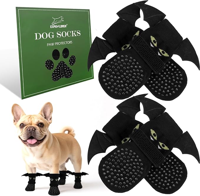 EXPAWLORER Halloween Anti Slip Dog Socks to Prevent Licking Paws, Boots & Paw Protectors with Grippers,Doggie Booties for Hardwood Floors for Small Medium Large Senior Dogs Costume Black Devil Wings M-PurrikoPets