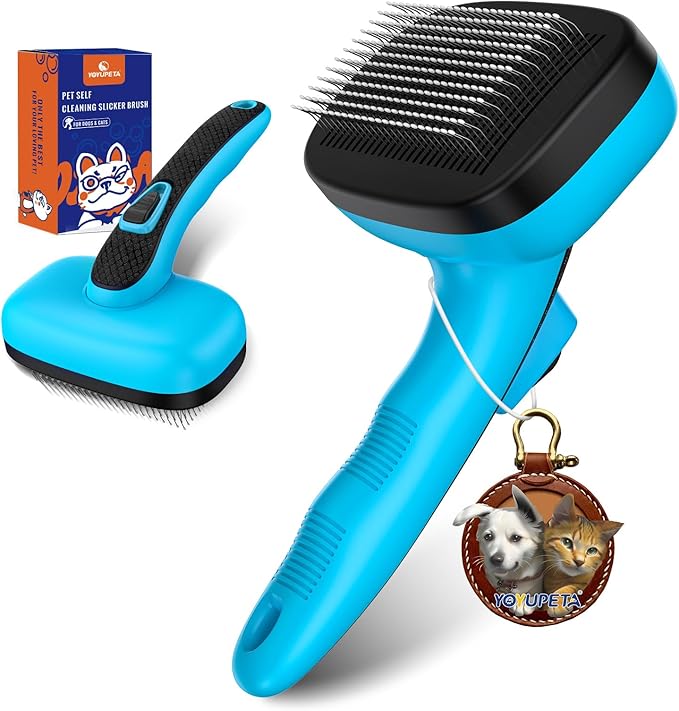 Dog Self Cleaning Slicker Brush for Shedding, Ideal for Short Long Haired Dogs, Including Cat. Removes Loose Fur, Undercoat, Mats, Tangled Hair. Suit for Large Medium Small Animal. Blue-PurrikoPets