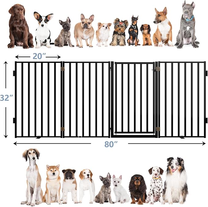 Free Standing Dog Gate with Door for Indoor Outdoor, Portable Dog Fence Foldable Design, Metal Black 32" Tall, Expandable 4 Panels Use for Front Door, Yard, Stairs-PurrikoPets