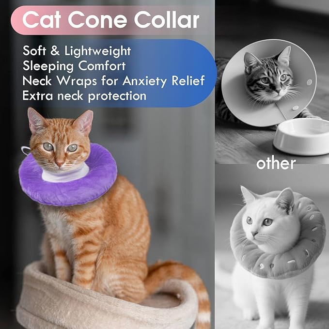 Adjustable Cat Neck Cone, Comfortable Elizabethan Recovery Collar After Surgery to Prevent Licking Wound, Ideal for Skin Disease, Deworming, Protective Pet Cone, Purple Medium-PurrikoPets