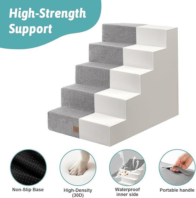 Dog Stairs for Small Dogs, 5 Tier Wider Pet Stairs for High Beds, 23.6" H Non-Slip Dog Steps for Old Cats, Puppies, Small Medium Dogs, 29.5x19.7x23.6 inch, Grey-PurrikoPets